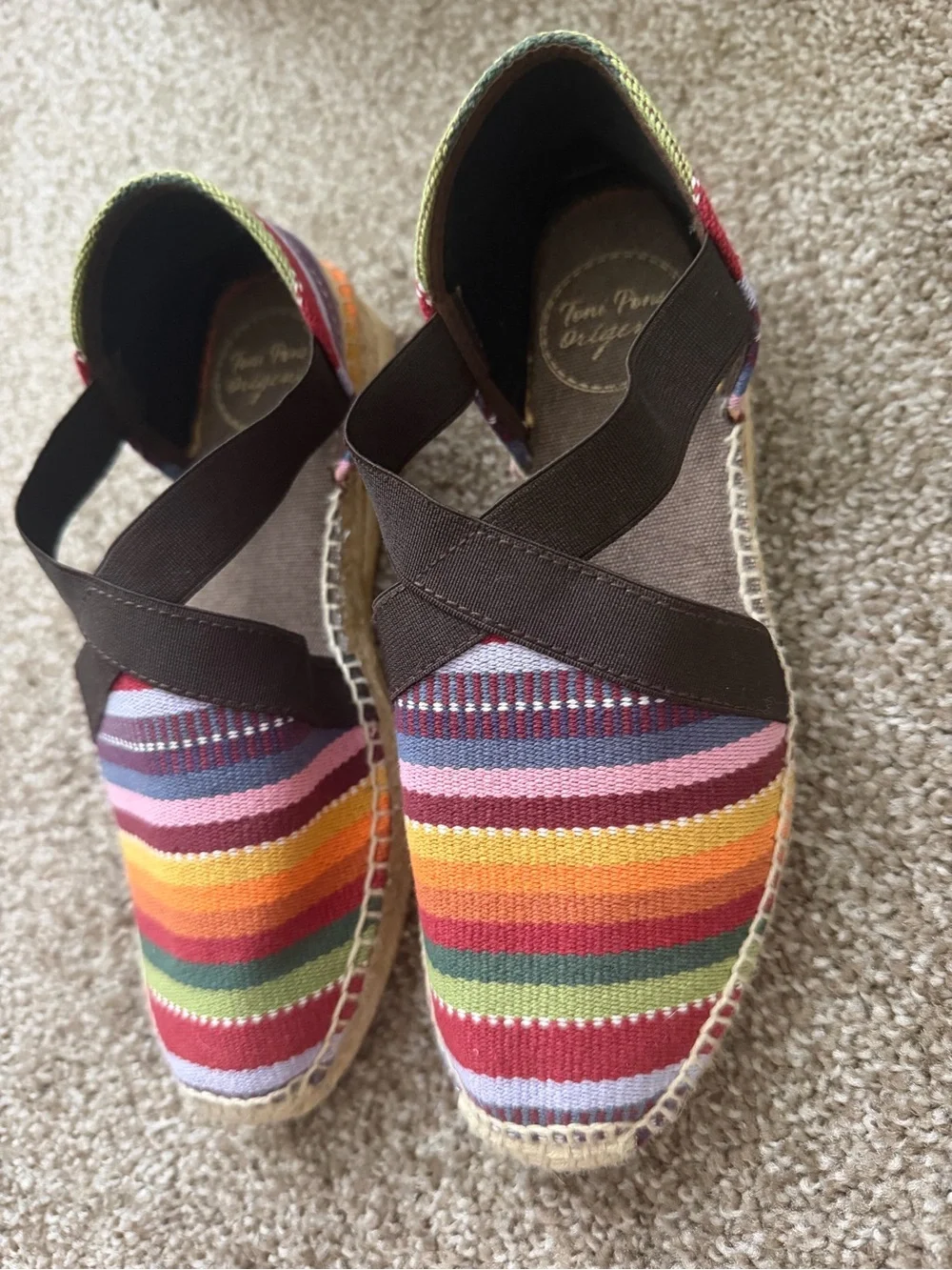 Toni Pons Striped Espadrille Wedge with Brown Elastic Cross Strap
